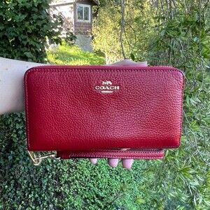 COACH Long Zip-Around Red Pebble Leather Wristlet Wallet w Gold Hardware
